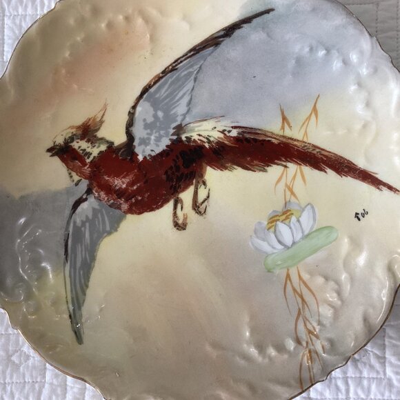Limoges Hand-Painted Decorative Porcelain Plate Flying Bird & Flower Scalloped E - Picture 3 of 12